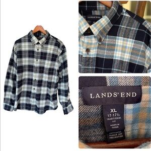 Lands' End Blue Button Down Baumwolle Shirt Traditional Fit Flannel 17-17.5 XL